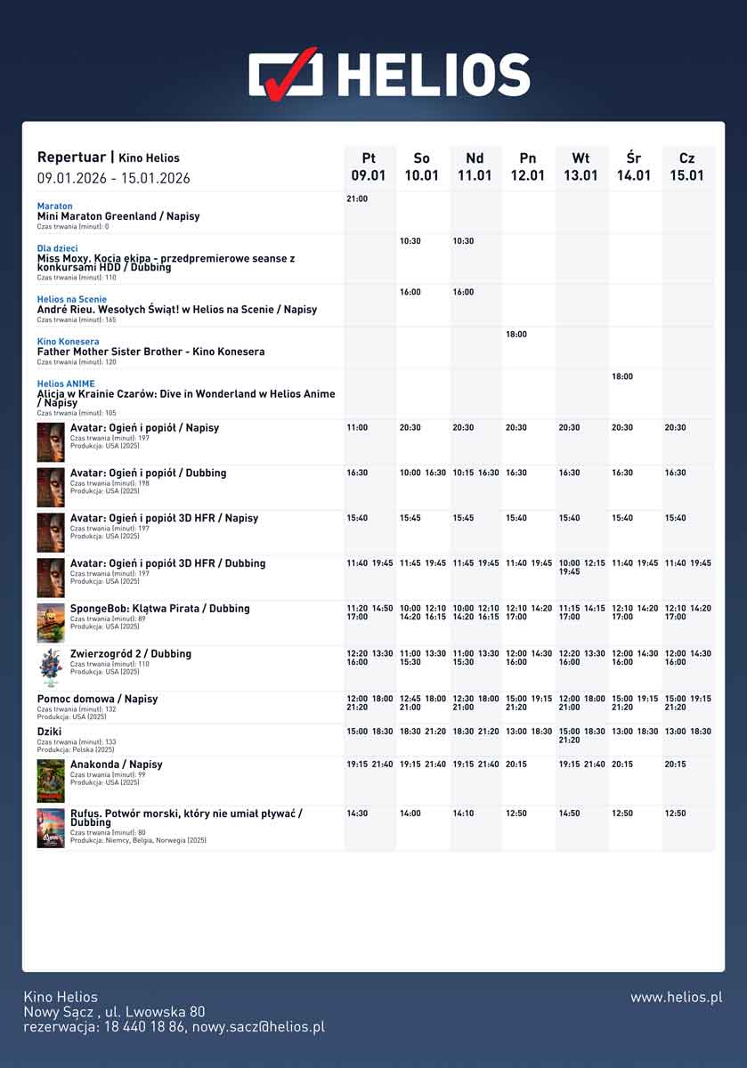 repertuar Heliosa w Nowym Sączu 09.01-15.01.2026