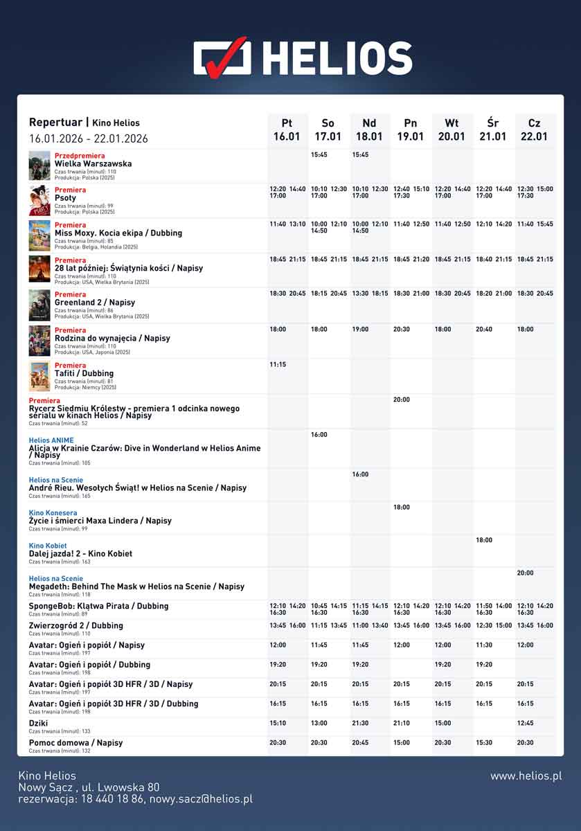 Helios Nowy Sącz repertuar 16-22 stycznia