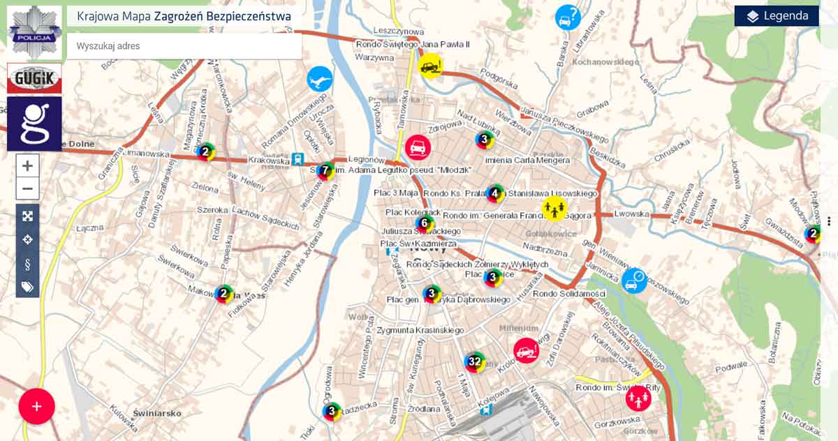 zgłoszenia na mapę zagrożeń bezpieczeństwa z Nowego Sącza 2025 - zrzut ekranu z KMZB