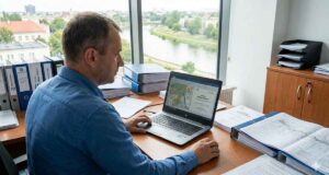 Kiedy potrzebny jest operat wodnoprawny i gdzie szukać pomocy? Operaty wodnoprawne Nowy Sącz – GEOTESTER. Mężczyzna w biurze przy laptopie