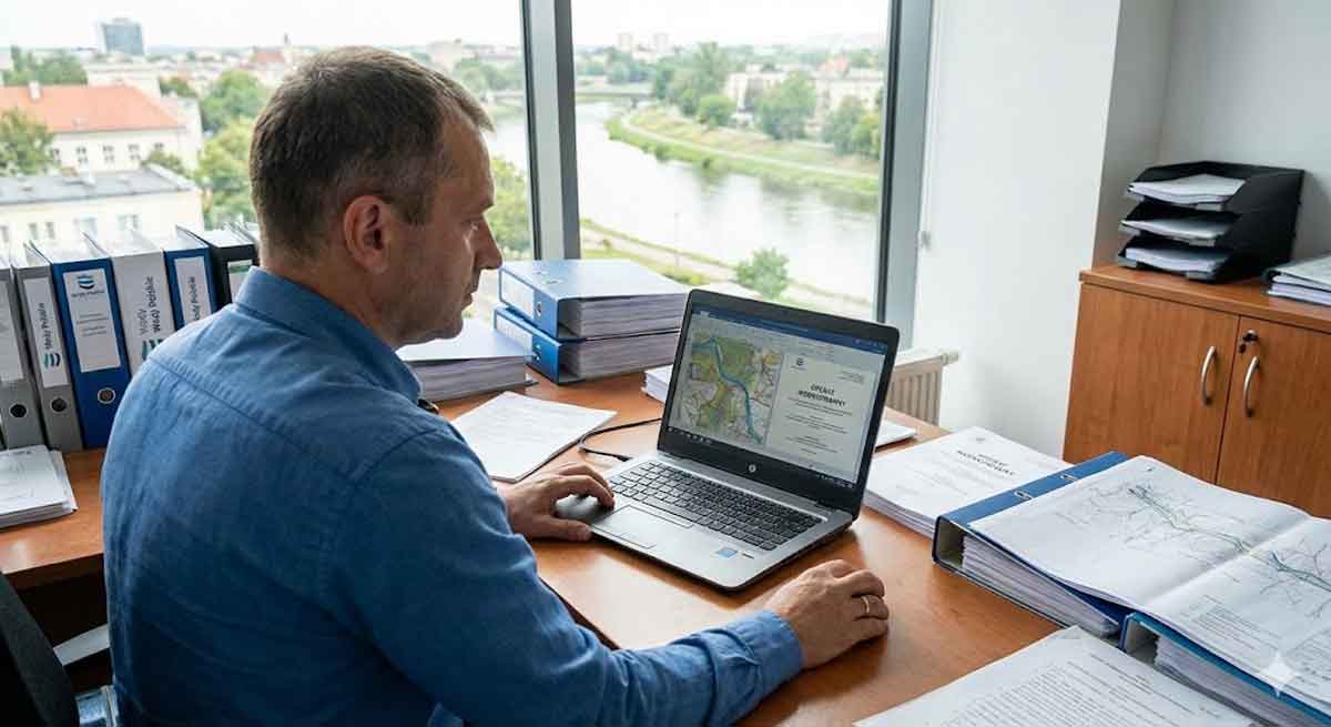 Operaty wodnoprawne Nowy Sącz – GEOTESTER. Mężczyzna w biurze przy laptopie