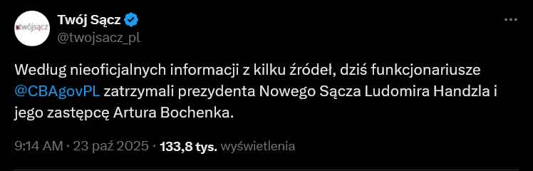 serwis twojsacz.pl na X. wpis o zatrzymaniu prezydenta Nowego Sącza