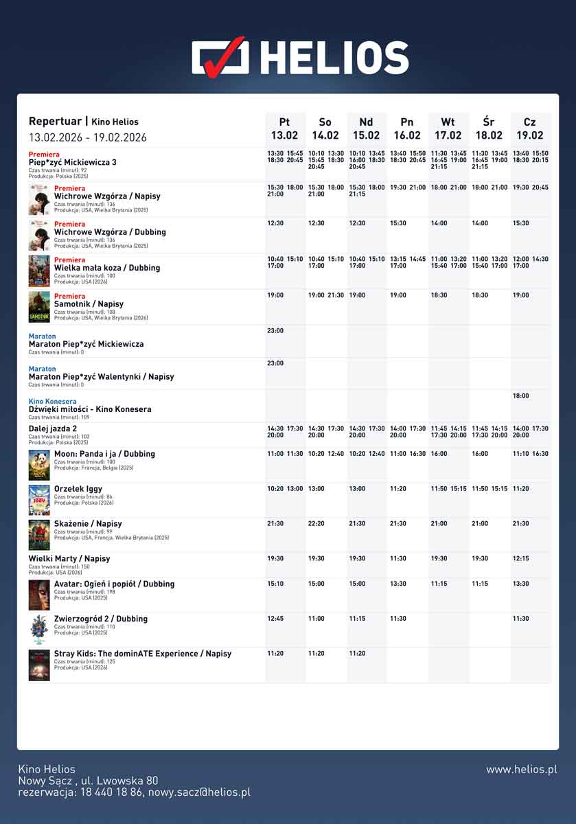 kino Helios w Nowym Sączu, repertuar 13.02-19.02.2026