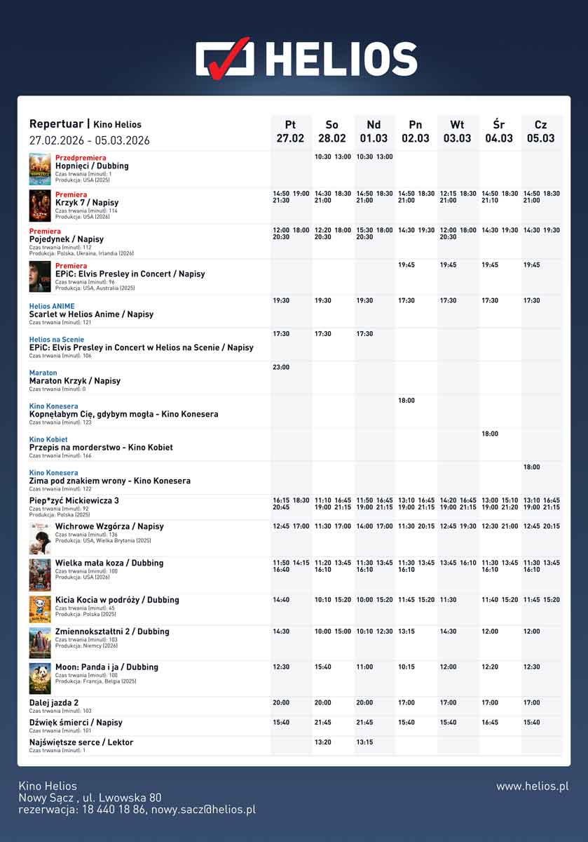 Nowy Sacz. Repertuar kina Helios (do 5 marca)