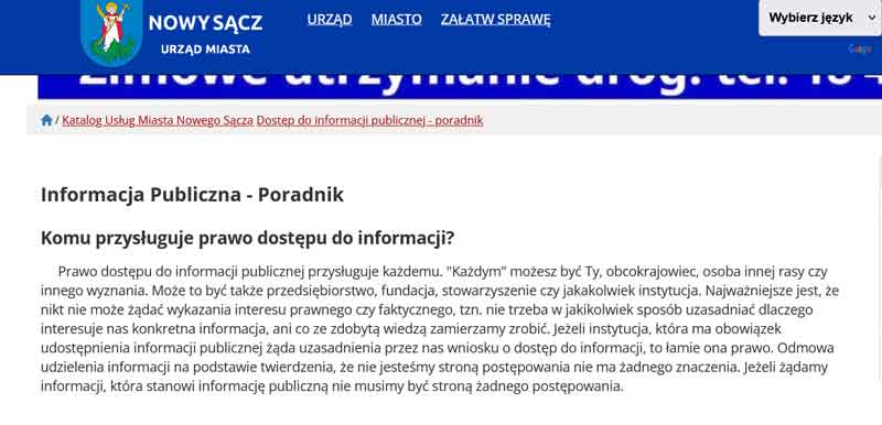 Dostęp do informacji publicznej - poradnik - strona Urzędu Miasta Nowego Sącza - rzut ekranu