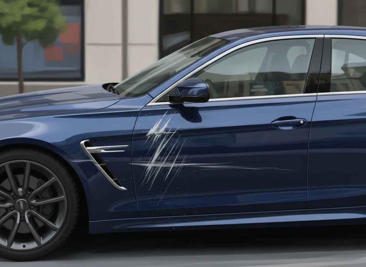 rysował karoserie aut w Nowym Sączu. 74-letni mężczyzna zatrzymany. porysowana karoseria samochodu - AI generated