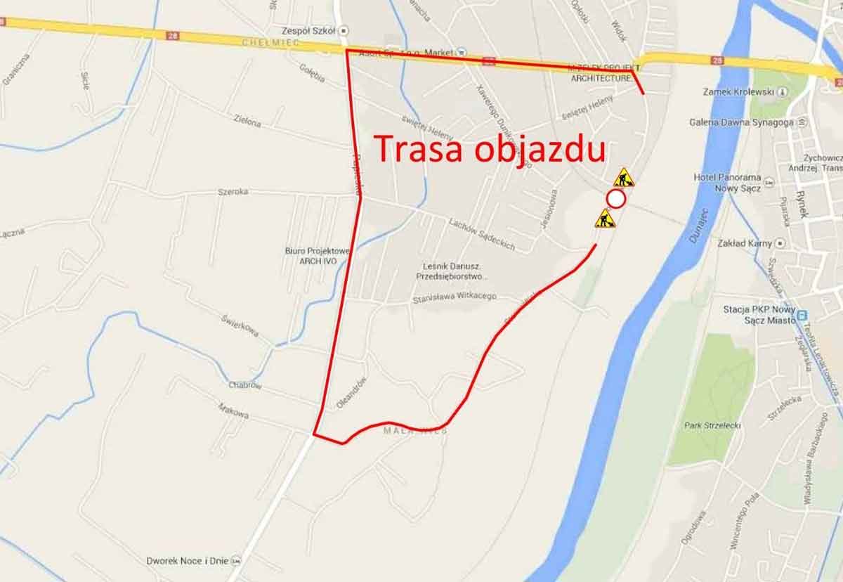 luty 2026 - objazd ul. Starowiejska Nowy Sącz - mapka