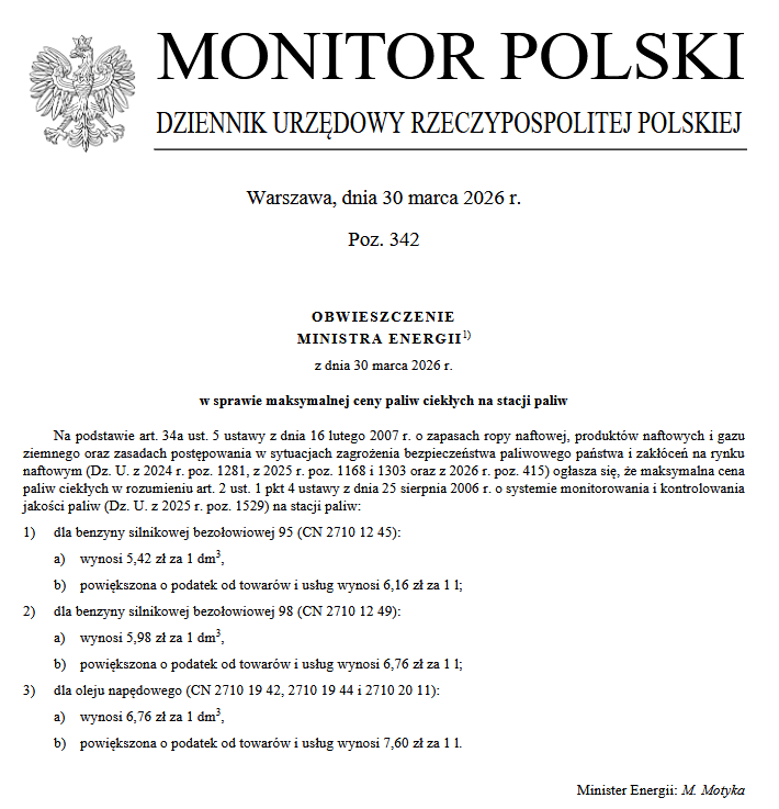 regulowana cena paliwa na 31 marca 2026 - Monitor Polski