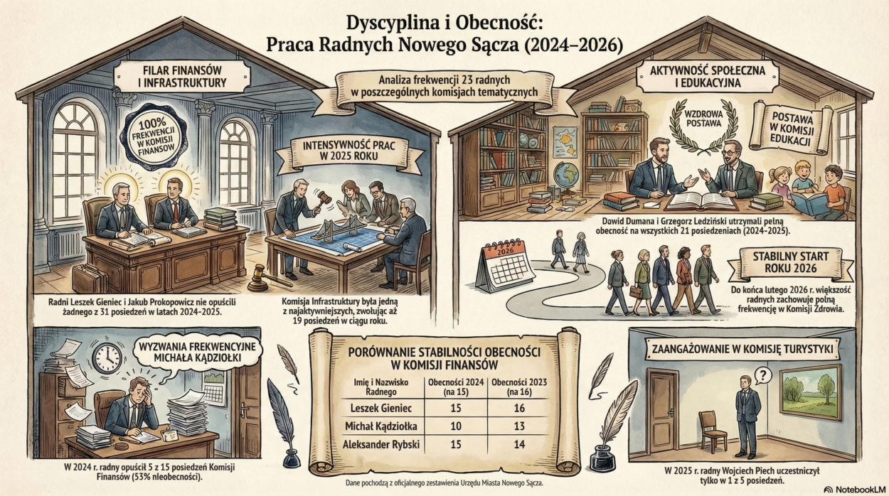 Nowy Sącz, obecność radnych na komisjach - grafika