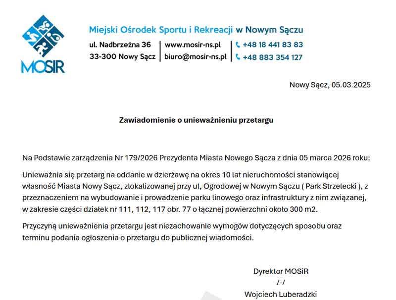 unieważnienie przetargu na park linowy w Nowym Sączu