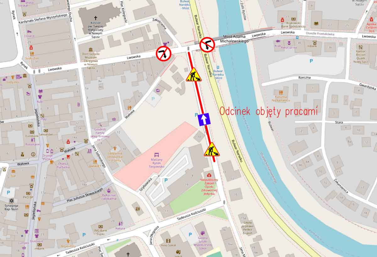 roboty gwarancyjne na Matejki w Nowym Sączu - jeden kierunek ruchu - mapka