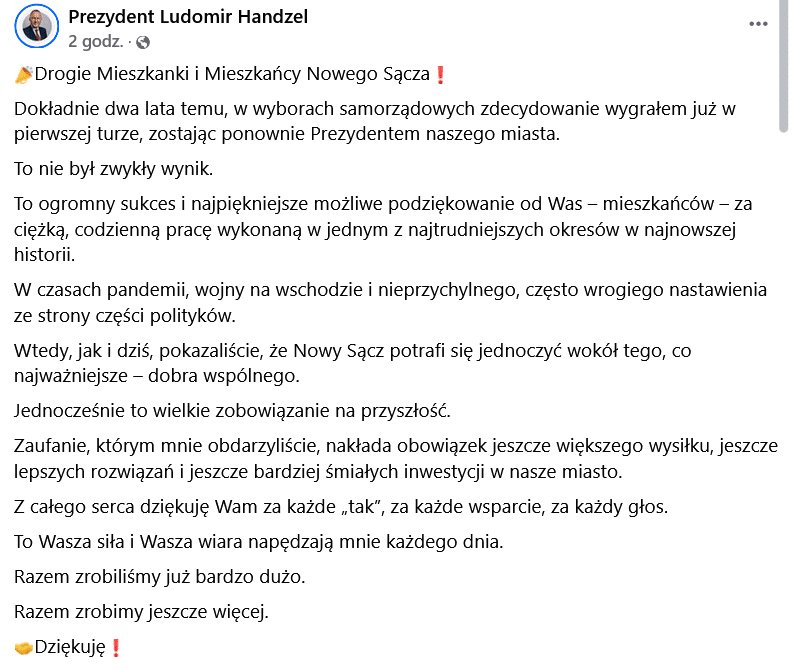 wpis Ludomira Handzla w dwa lata po wyborze na drugą kadencje prezydenta Nowego Sącza