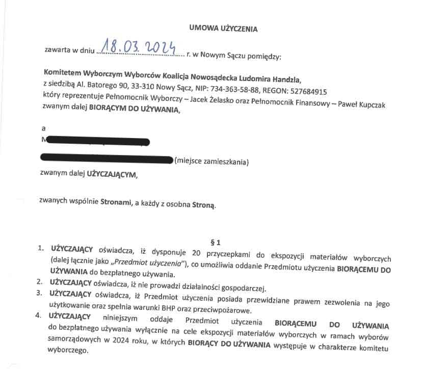 umowa bezpłatnego użyczenia 20 przyczepek komitetowi wyborczemu Koalicja Nowosądecka Ludomira Handzla