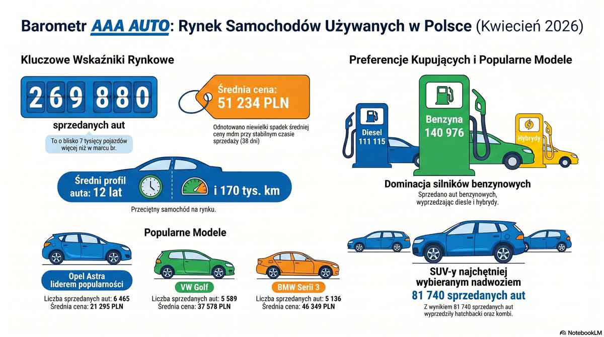 najczęściej sprzedawane auta używane w Polsce - kwiecień 2026 - infografika