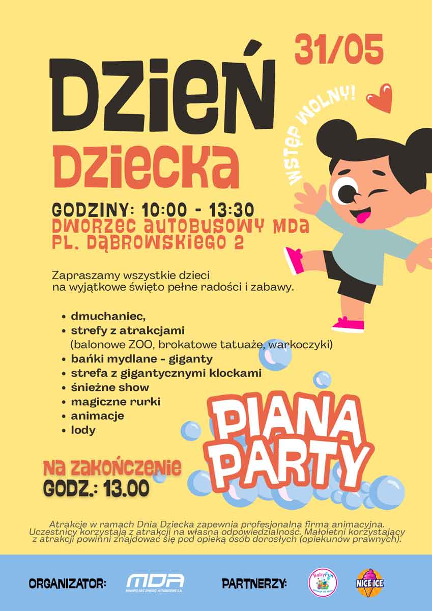 Dzień Dziecka na Dworcu Autobusowym MDA w Nowym Sączu - plakat