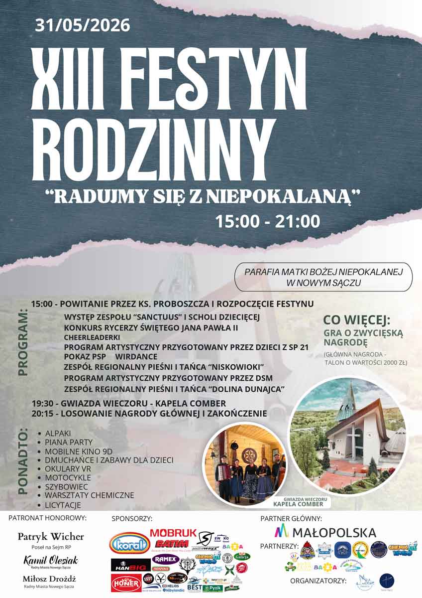 XIII Festyn Rodzinny „Radujmy się z Niepokalaną”, Nowy Sącz 31 maja 2026 - plakat