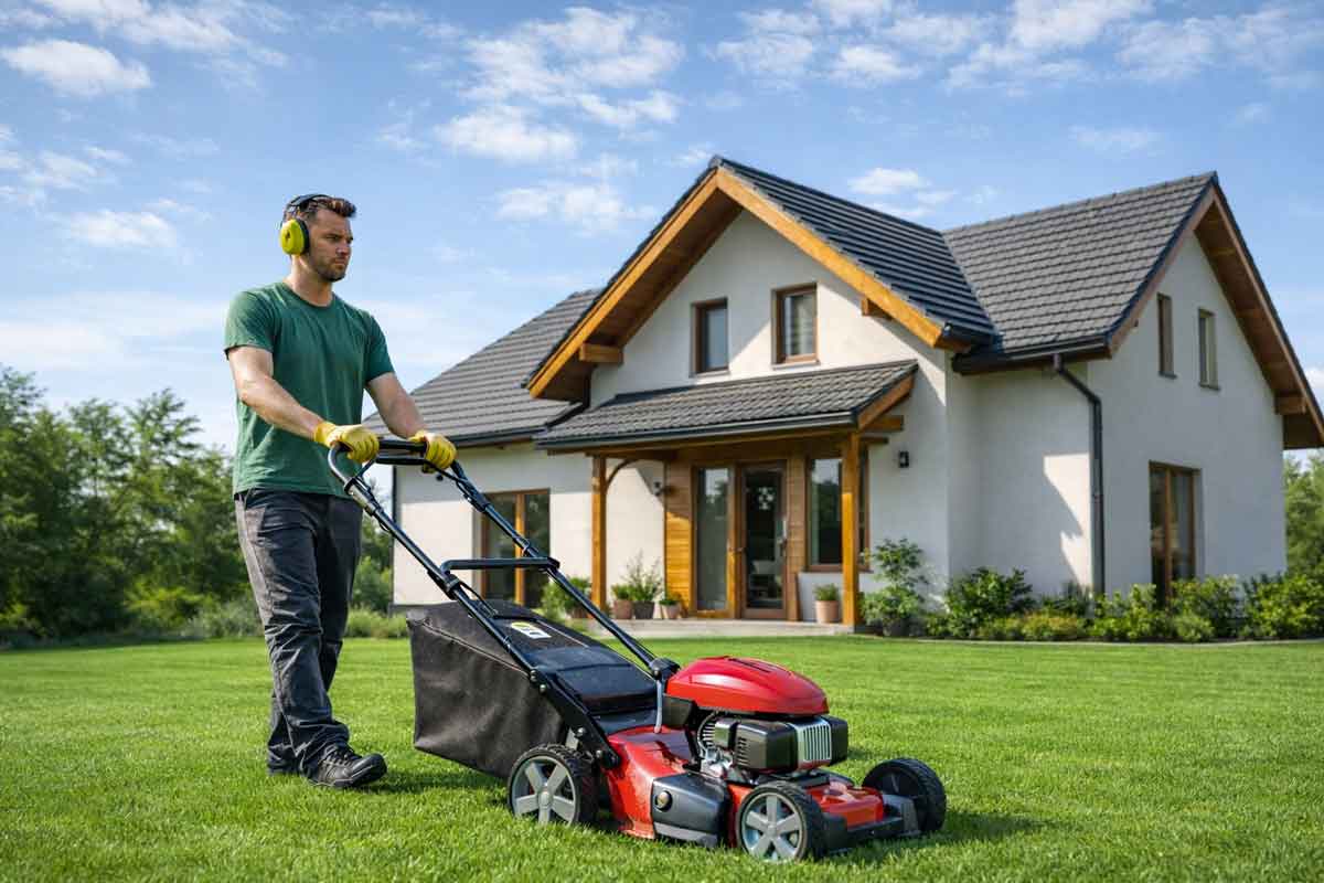 serwis kosiarek ikosisz.pl Nowy Sącz i powiat nowosądecki. mężczyzna z kosiarką do trawy przed domem