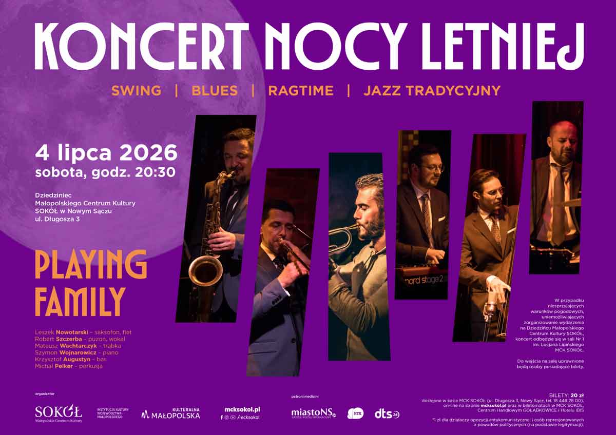 Koncert Nocy Letniej 2026. dziedziniec MCK Sokół w Nowym Sączu, formacja Playing Family