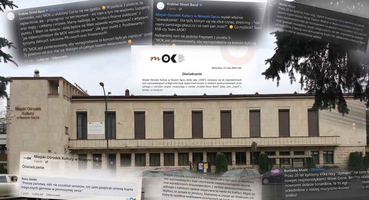 dyrekcja MOK w Nowym Sączu w sporze z zespołem Kraków Street Band. Siedziba MOK i fragmenty komentarzy internetowych