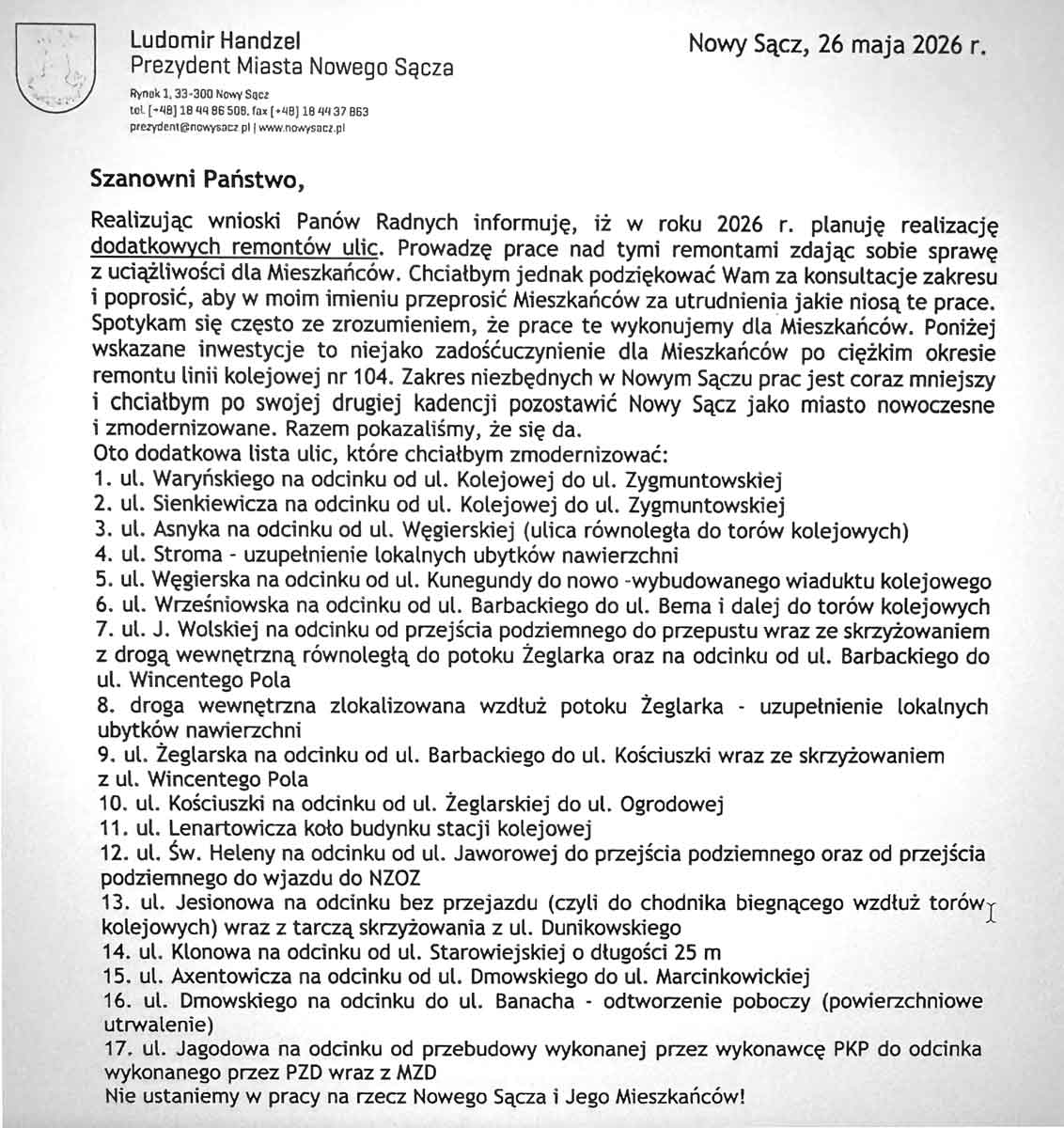 remonty nawierzchni Nowy Sącz w związku z inwestycją kolejową - lista