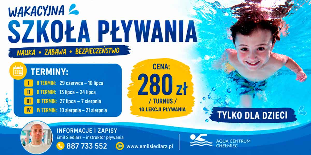 Wakacyjna Szkoła Plywania na basenie w Chełmcu
