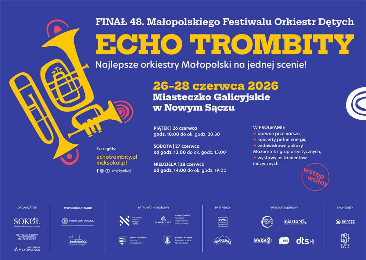 Finał 48. Małopolskiego Festiwalu Orkiestr Dętych Echo Trombity 2026 - Miasteczko Galicyjskie w Nowym Sączu - plakat