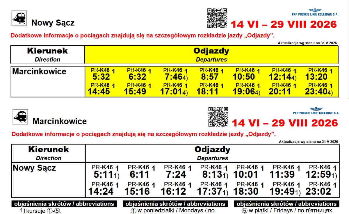 Nowy Sącz - odjazdy do Marcinkowic, Marcinkowiece - odjazdy do Nowego Sącza - rozkład