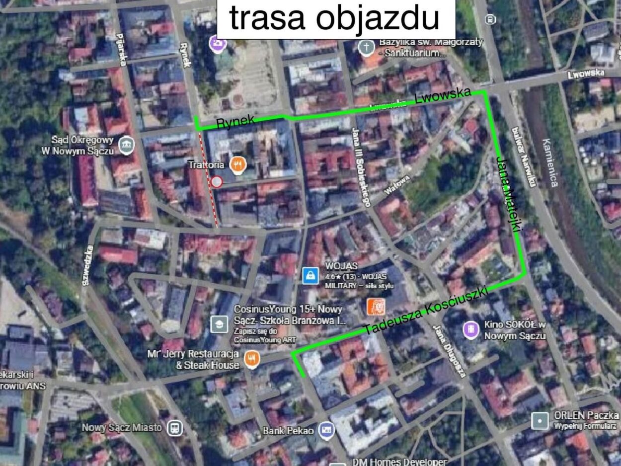 remont Dunajewskiego w Nowym Sączu - objazd - mapka