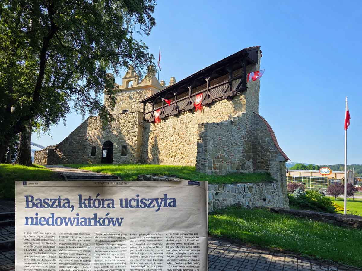 Baszta Kowalska i fragment murów oraz tytuł z Kuriera Nowosądeckiego