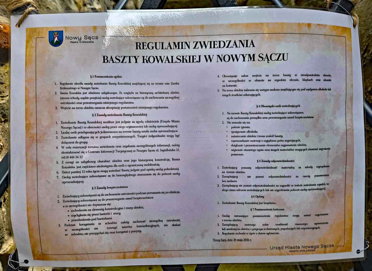 zwiedzanie Baszty Kowalskiej w Nowym Sączu - regulamin