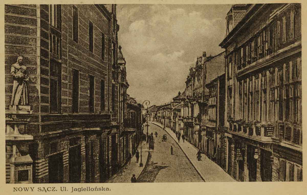 Nowy Sącz ulica Jagiellońska, pocztówka okres międzywojenny