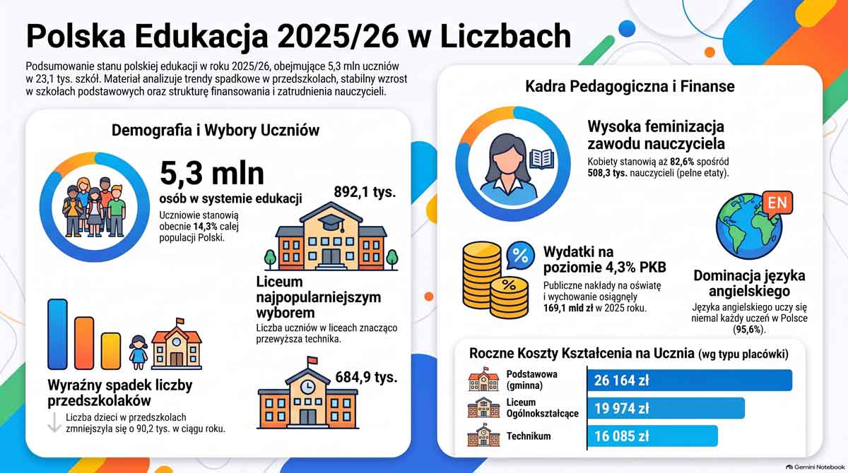 Ile szkół w Polsce? W roku szkolnym 2025/26 w Polsce działało 23,1 tys. szkół podstawowych i ponadpodstawowych, do których uczęszczało łącznie 5,3 mln dzieci, młodzieży i dorosłych