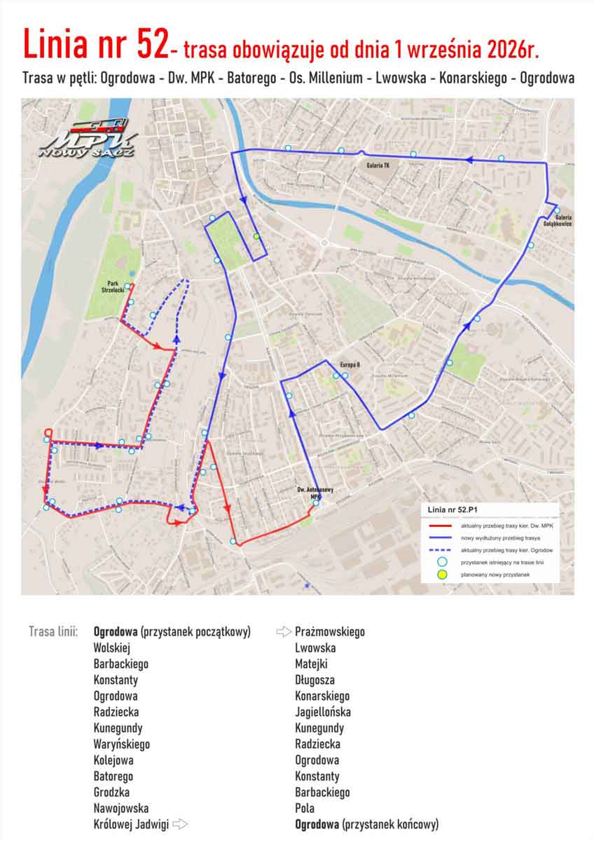 nowe linie MPK Nowy Sącz i zmiany tras - linia nr 52