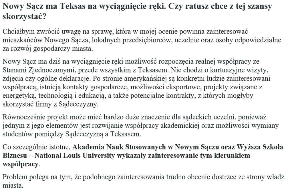 Jedną z kluczowych osób, która mogłaby pomóc w rozpoczęciu współpracy między Nowym Sączem a Teksasem, jest prof. Jim Mazurkiewicz
