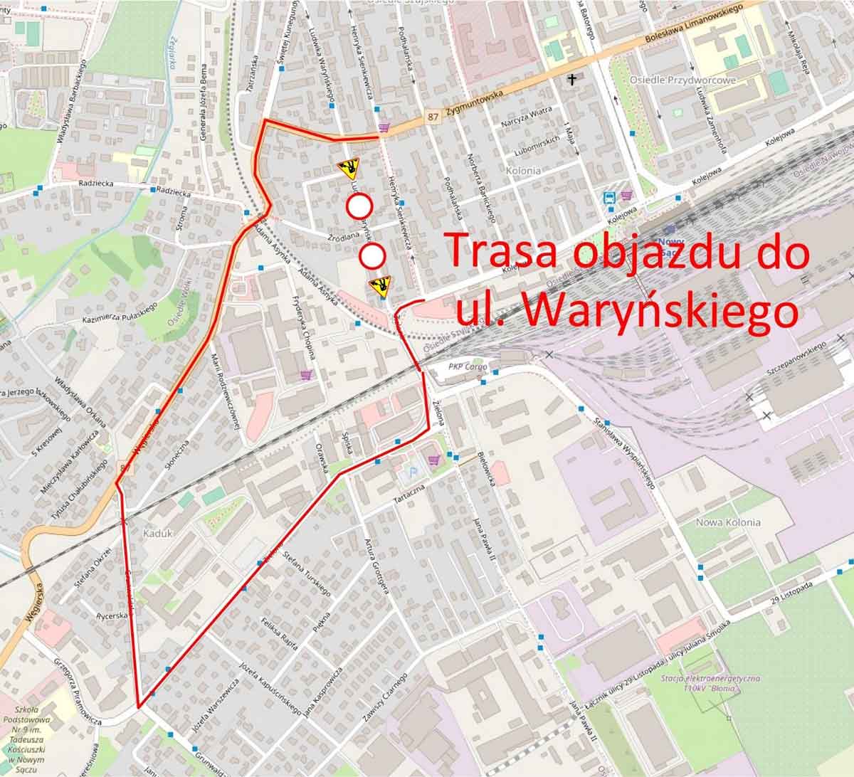 Od 17 sierpnia zamknięty dla ruchu będzie odcinek ulicy Waryńskiego - od ul. Zygmuntowskiej do Kolejowej - objazd mapka
