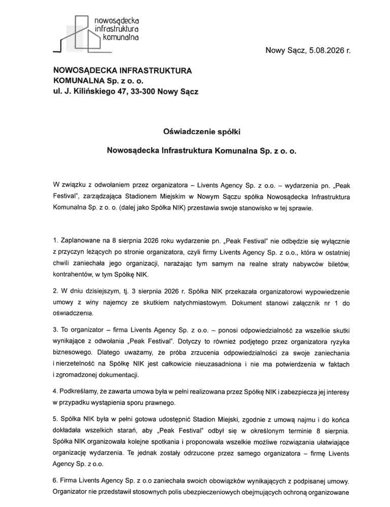 oświadczenie Nowosądeckiej Infrastruktury Komunalnej w sprawie Peak Festival 2026 i spółki LivEnts Agency - część 1