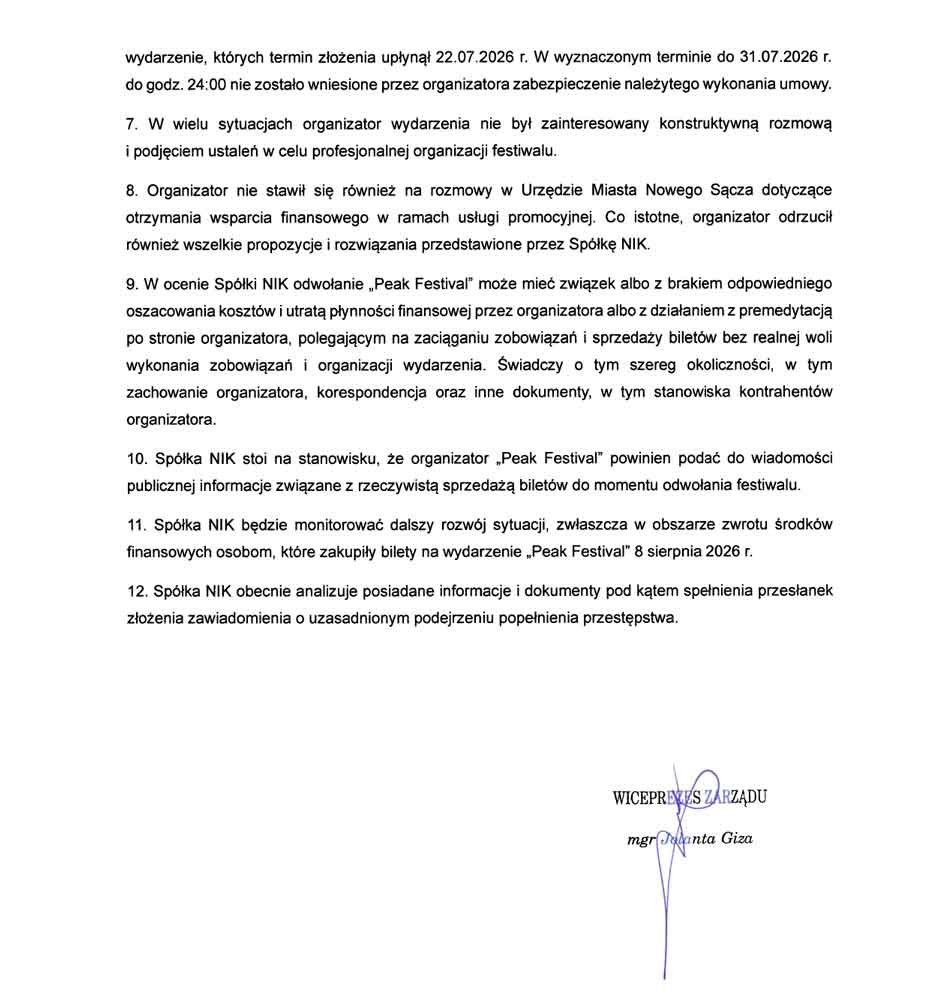 oświadczenie Nowosądeckiej Infrastruktury Komunalnej w sprawie Peak Festival 2026 i spółki LivEnts Agency - część 2