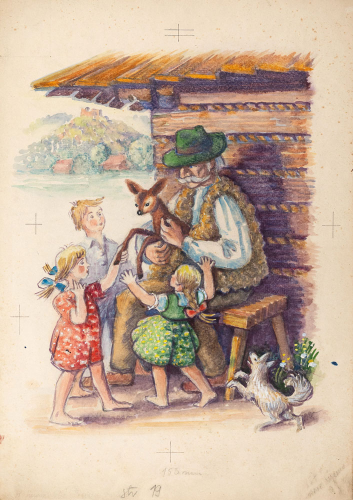 Witold Chomicz, Pogwizd i dzieci, 1957, ilustracja do Rogasia z Doliny Roztoki, gwasz,
ołówek na papierze