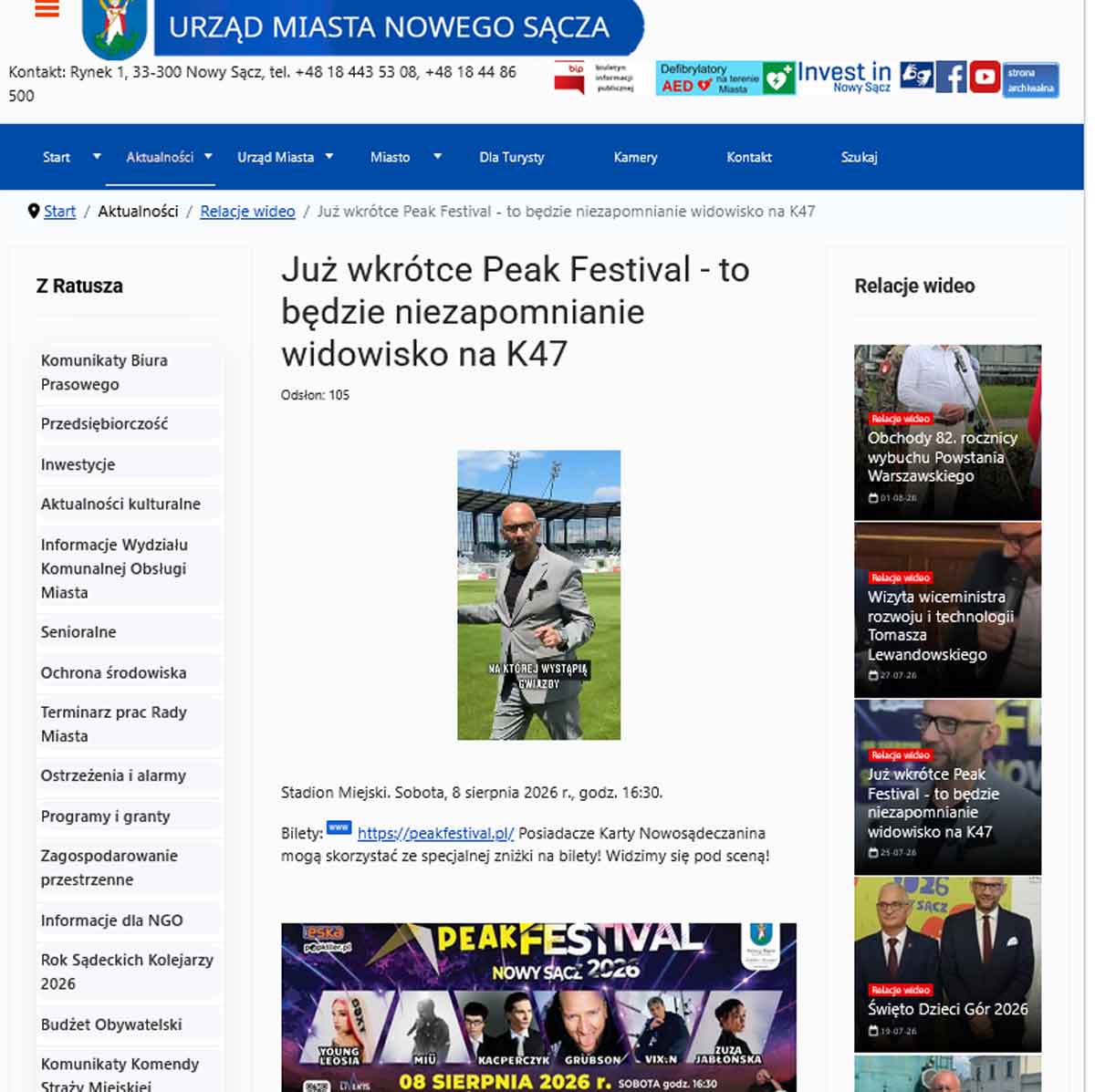Peak Festiwal - zrzut strony internetowej nowysacz.pl