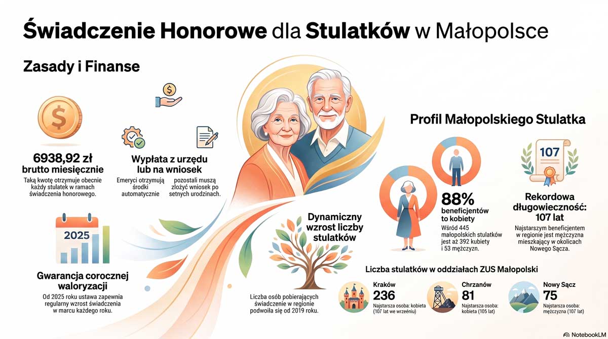 ZUS świadczenia honorowe - liczba stulatków w Małopolsce