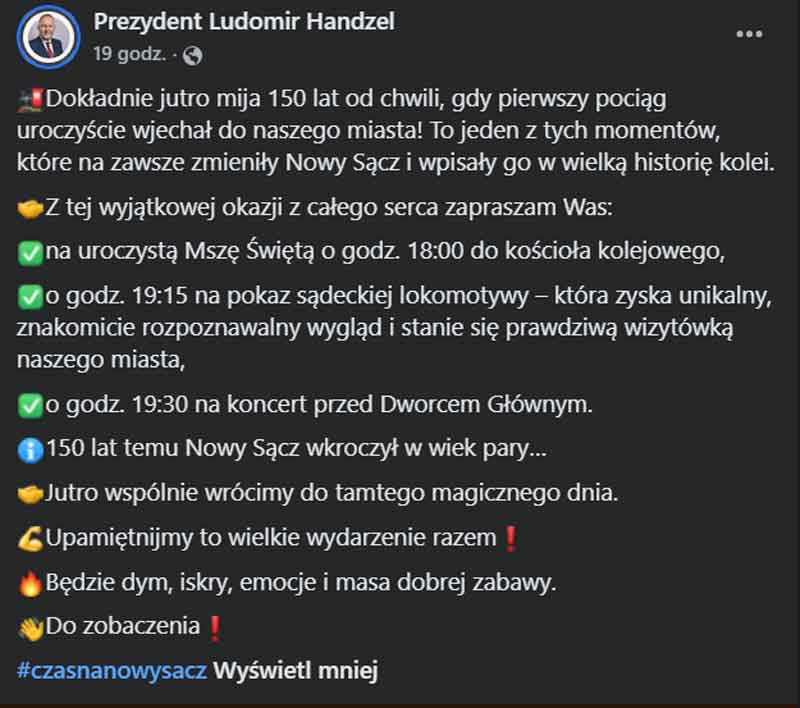 wpis prezydenta Nowego Sącza - zaproszenie na obchody 150-lecia kolei
