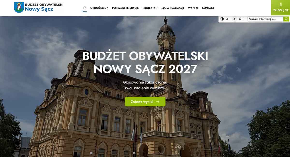 wyniki gosowania budżetu obywatelskiego nowego sącza na 2027 - zrzut ekranu