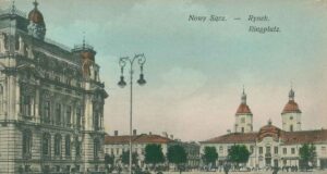 Nowy Sącz - rynek i ratusz - na pocztówce wydanej w 1915 roku