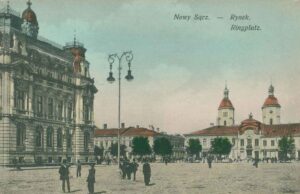 Nowy Sącz - rynek i ratusz - na pocztówce wydanej w 1915 roku