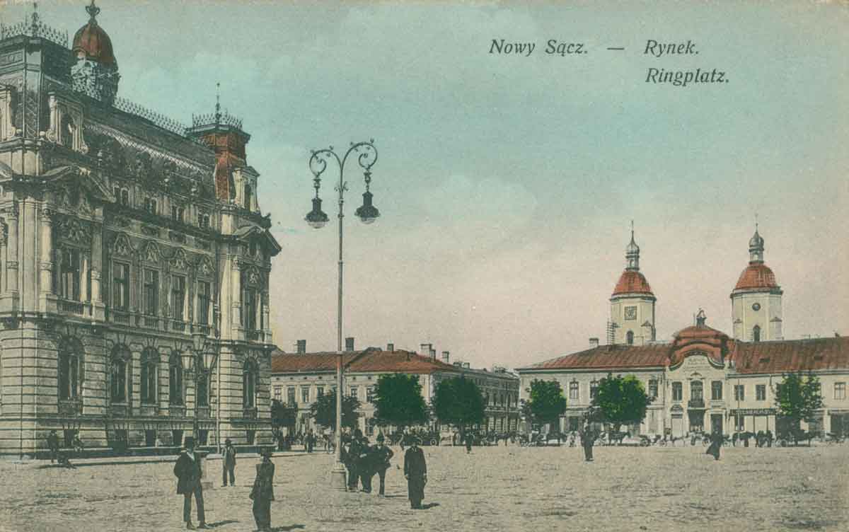 Nowy Sącz - rynek i ratusz - na pocztówce wydanej w 1915 roku