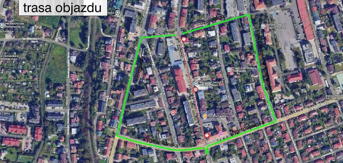 remont ulicy Sienkiewicza w Nowym Sączu - objazd