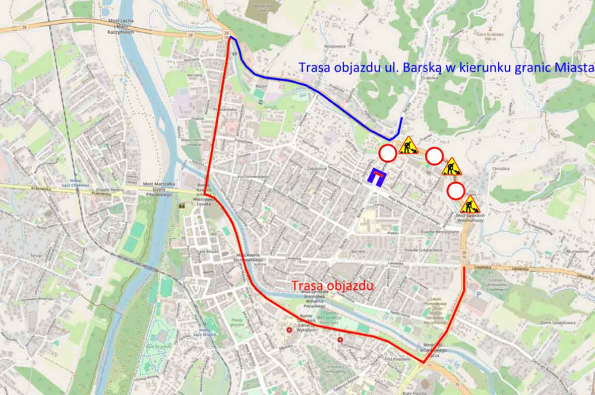 remont Pieczkowskiego w Nowym Sączu - objazdy, mapka