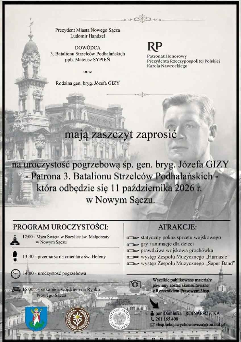 uroczystość pogrzebowa śp. generała brygady Józefa Gizy, Nowy Sącz - program