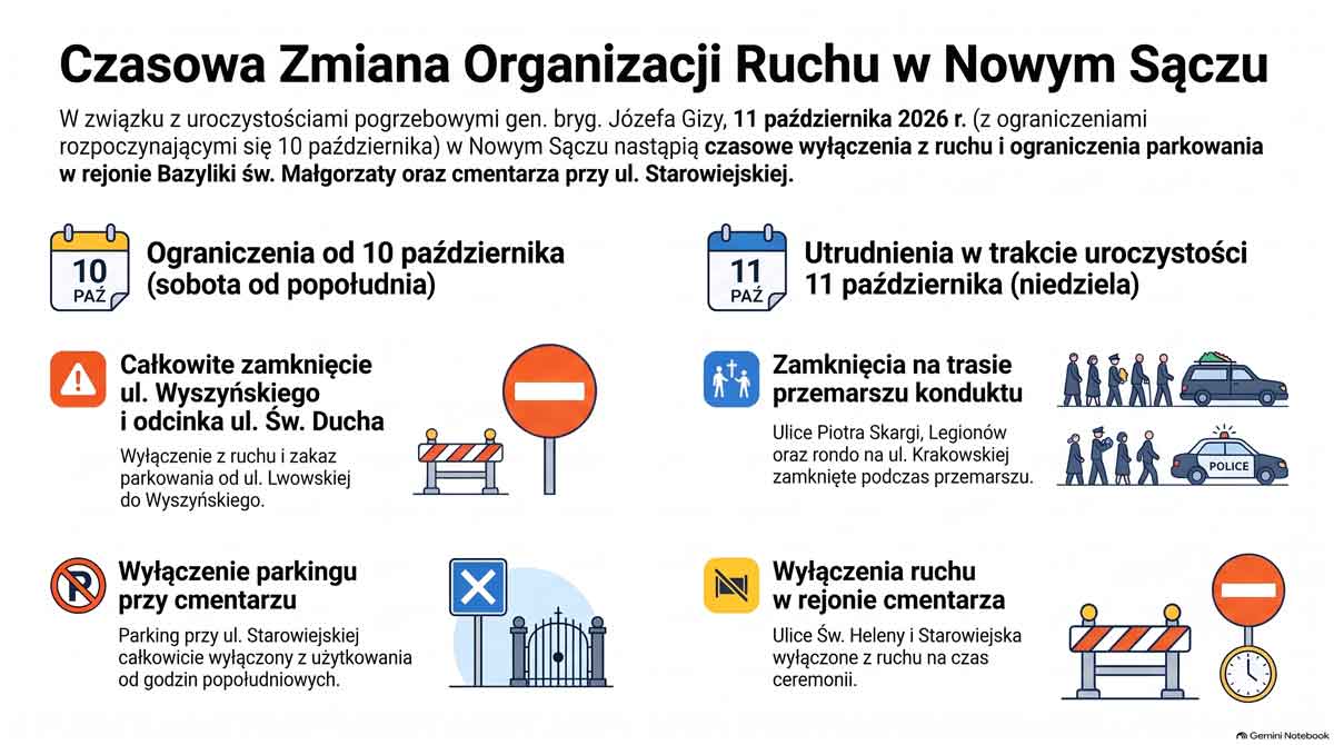 uroczystości pogrzebowe generała Gizy - Nowy Sącz utrudnienia w ruchu 10 i 11 października 2026 - infografika